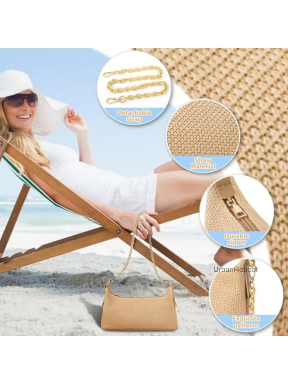 Woven Straw Hobo Shoulder Bag with Charm Chain